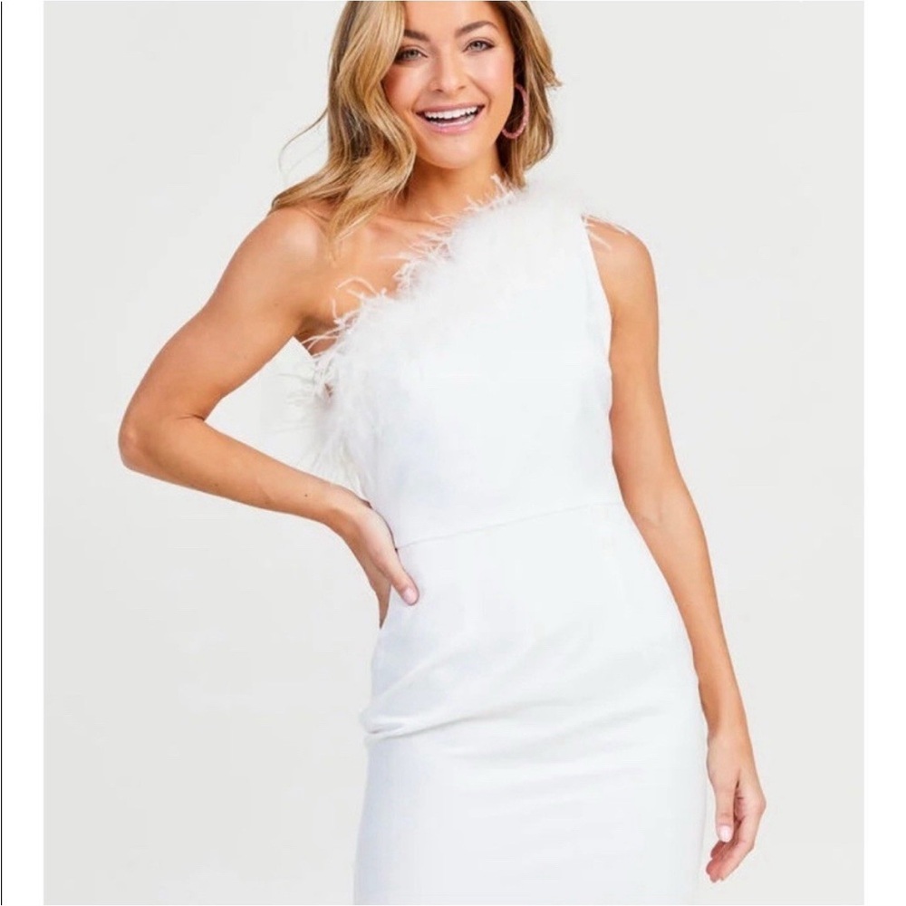 Altar'd State White One-Shoulder Dress with Feather Detail NWT